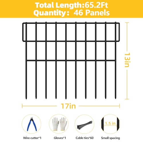 46 Panels Animal Barrier Fence (Black / 46 Panels-65.2ft(L)x13in(H))