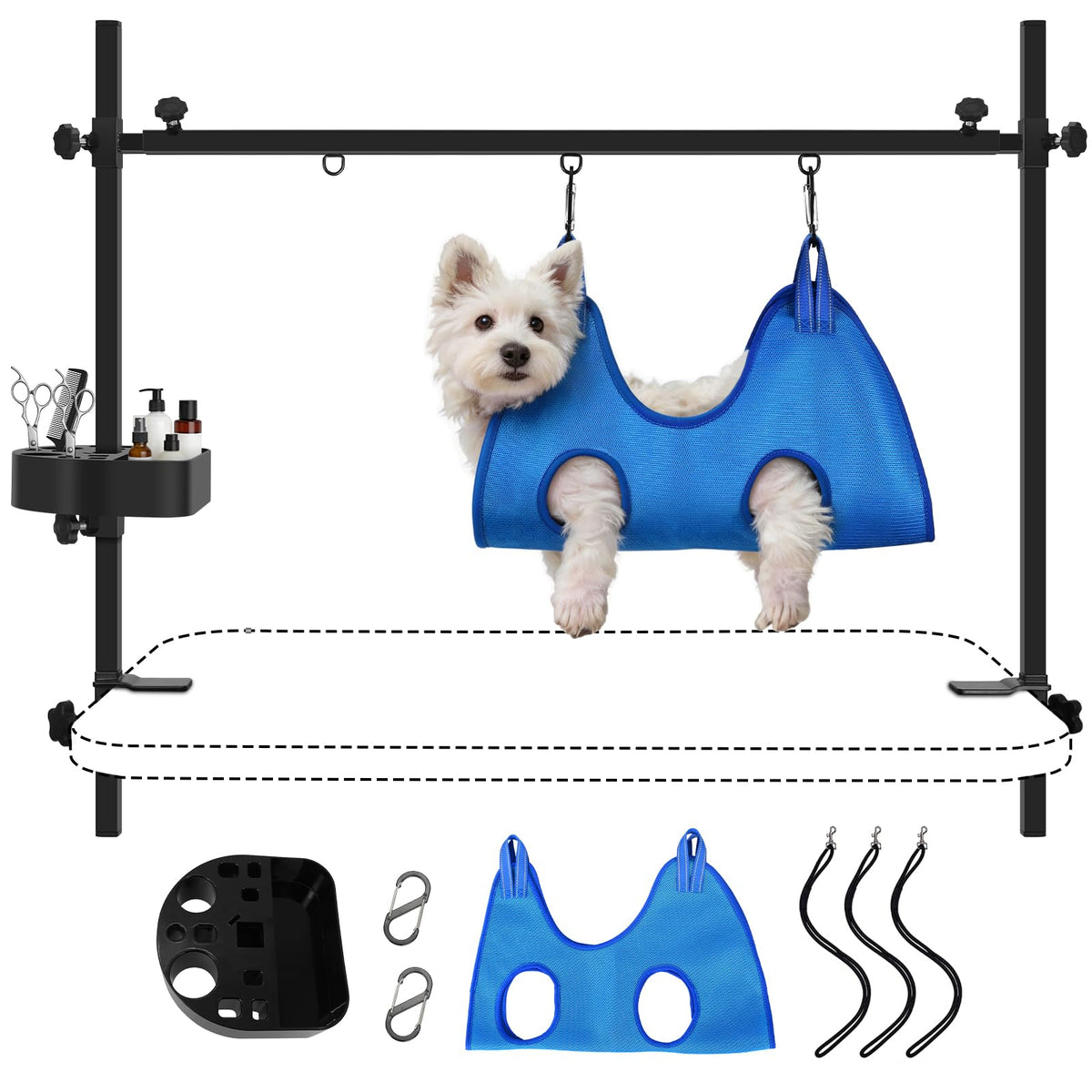 H Shape Pet Grooming Table Arm with Grooming Hammock Tool Holder Noose and Clamp for Dogs and Cats Heavy Duty Aluminum Alloy Frame with 35.4” Adjustable Height and 36.2” ~ 50” Adjustable Width