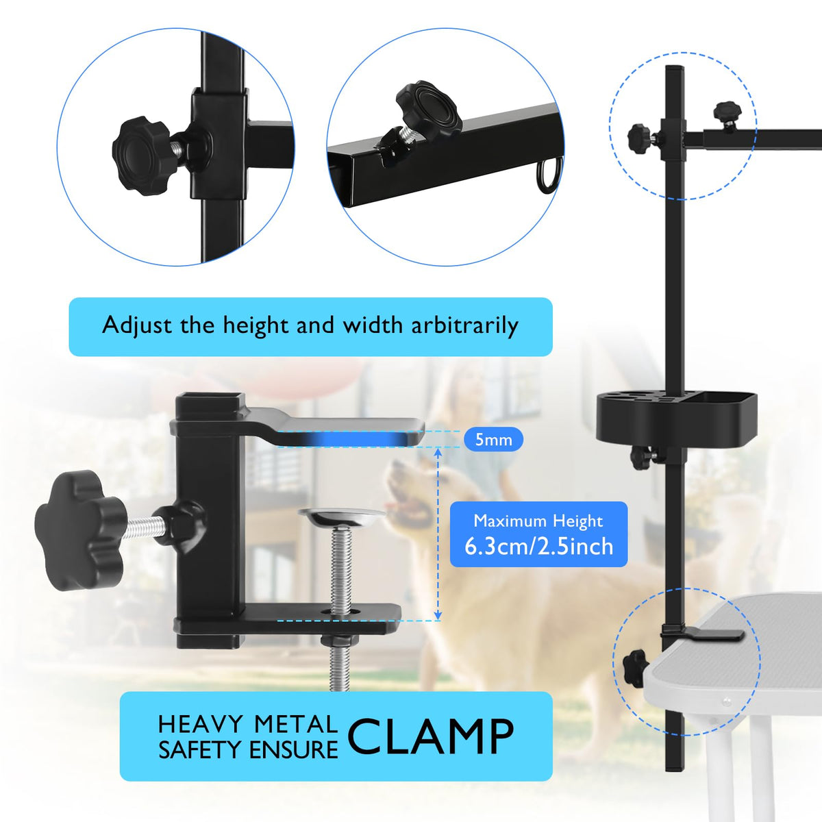 H Shape Pet Grooming Table Arm with Grooming Hammock Tool Holder Noose and Clamp for Dogs and Cats Heavy Duty Aluminum Alloy Frame with 35.4” Adjustable Height and 36.2” ~ 50” Adjustable Width