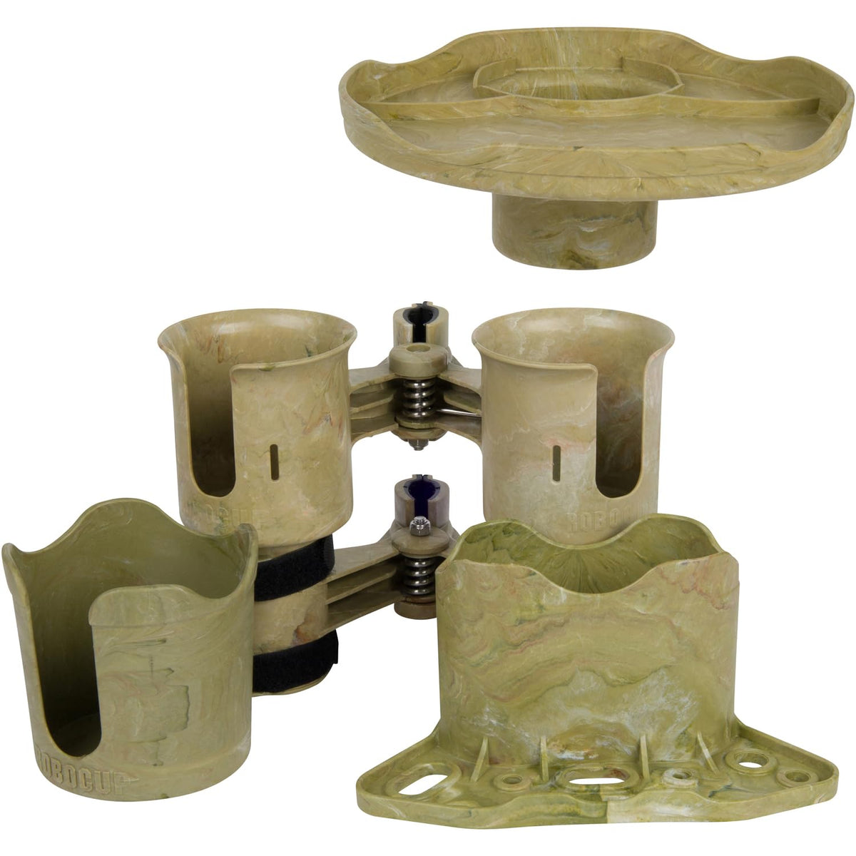 Camo), Patented Boat Cup Holder, Clamp on Portable Storage Caddy Securely Holds 2 Drinks, Fishing Poles, Tools, Marine Gear | Perfect for Boating, Beach Umbrellas, Golf Carts (Camo / Standard Spring)