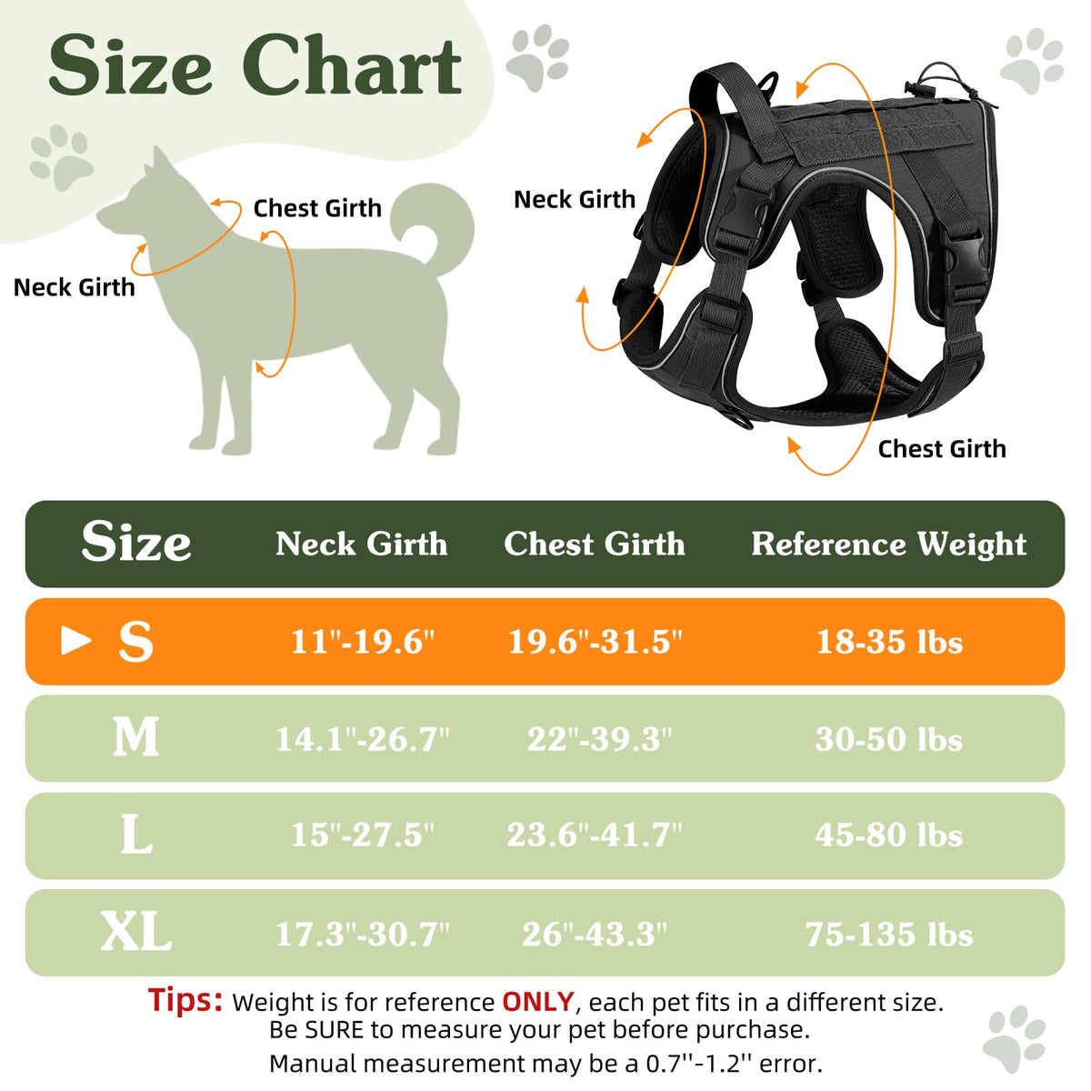 Heavy Duty Tactical Dog Harness for Small Dogs (Black / S (Chest: 19.6-31.5", Neck: 11-19.6"))