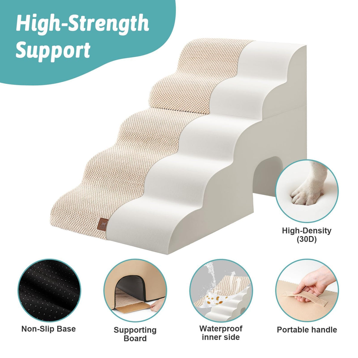 Extra Wide Small Dog Stairs with Tunnel (Beige / Detachable 19.7" x 33" x 22.4")