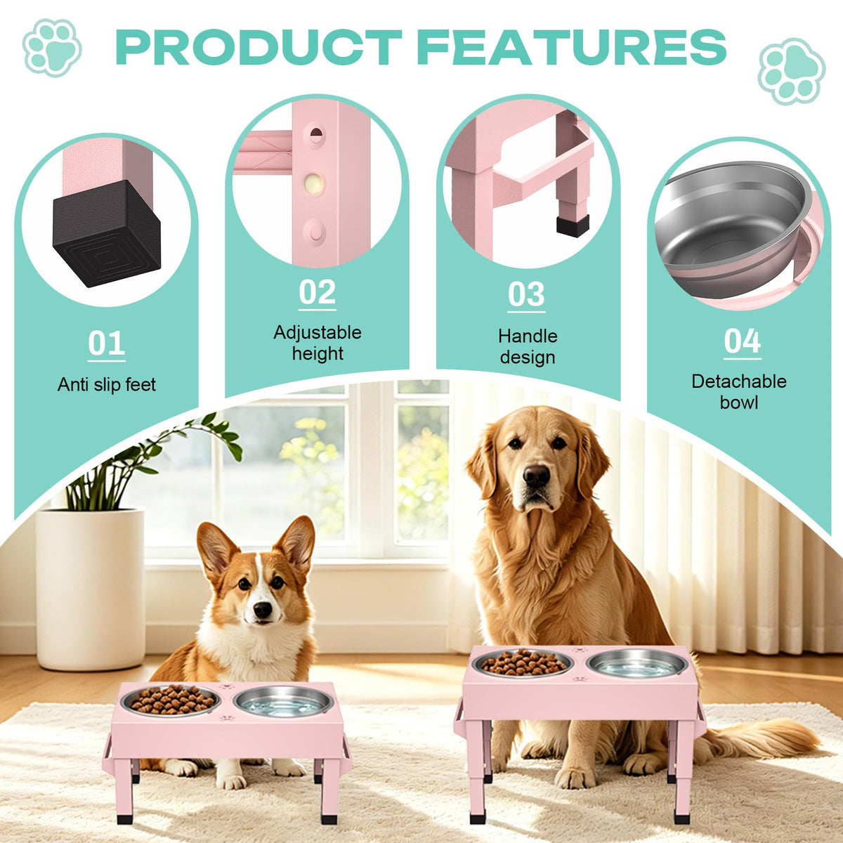Elevated Dog Bowls Stand Large Breed (Pink)
