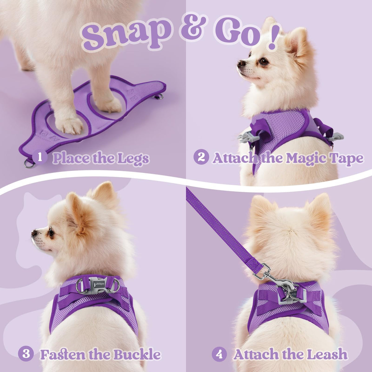 Dog Harness Small Sized and Leash Set (Light Purple & Purple / S (Chest: 15.1"-16.5"))