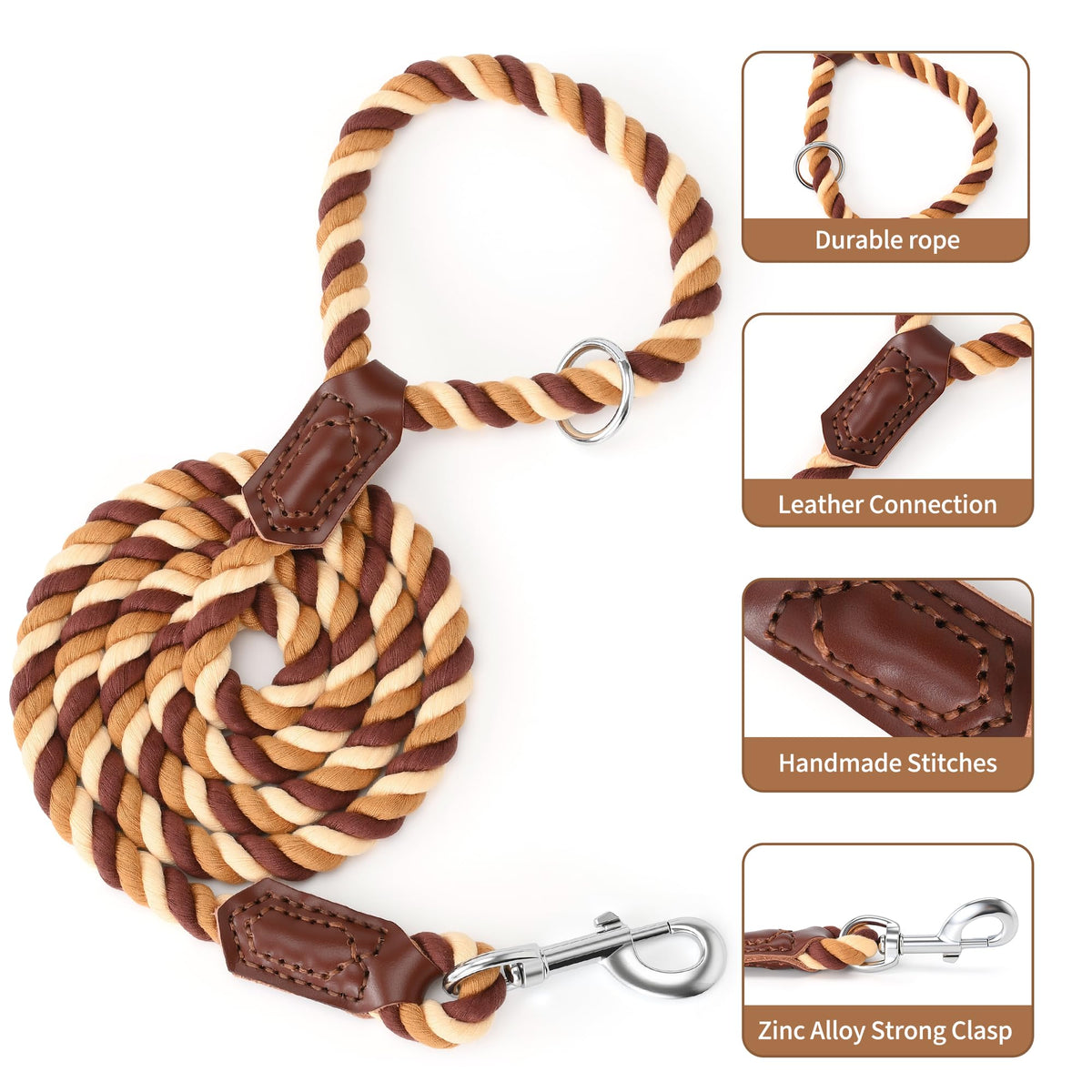 Rainbow Dog Leash Braided Cotton Rope w Leather (Brown Gradient / 60 Inch-1/2")