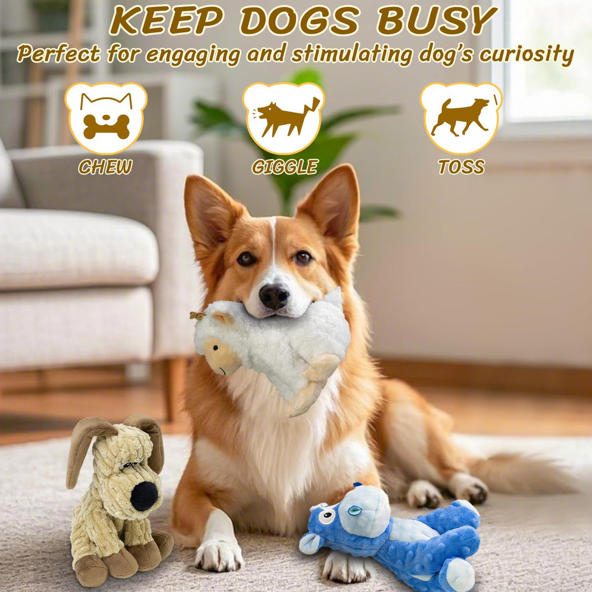 Squeaky Stuffed 3PCS Dog Toys (Blue&Khaki&White)