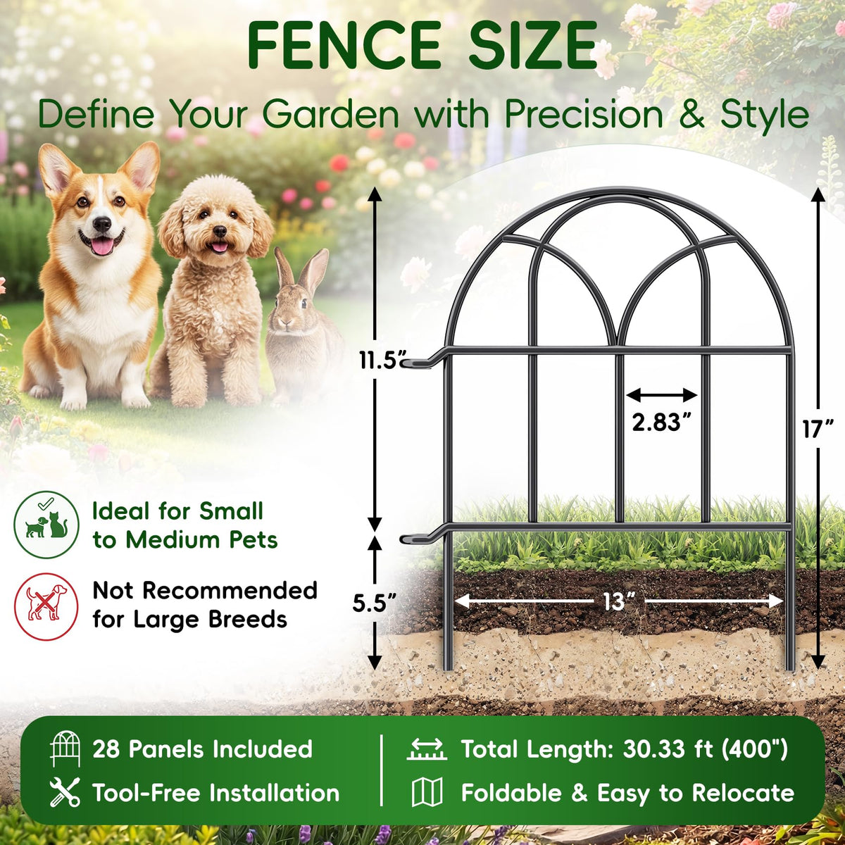 Garden Fence Panels (Black / 28 Panels - 17 in(H) X 30.33 ft(L))