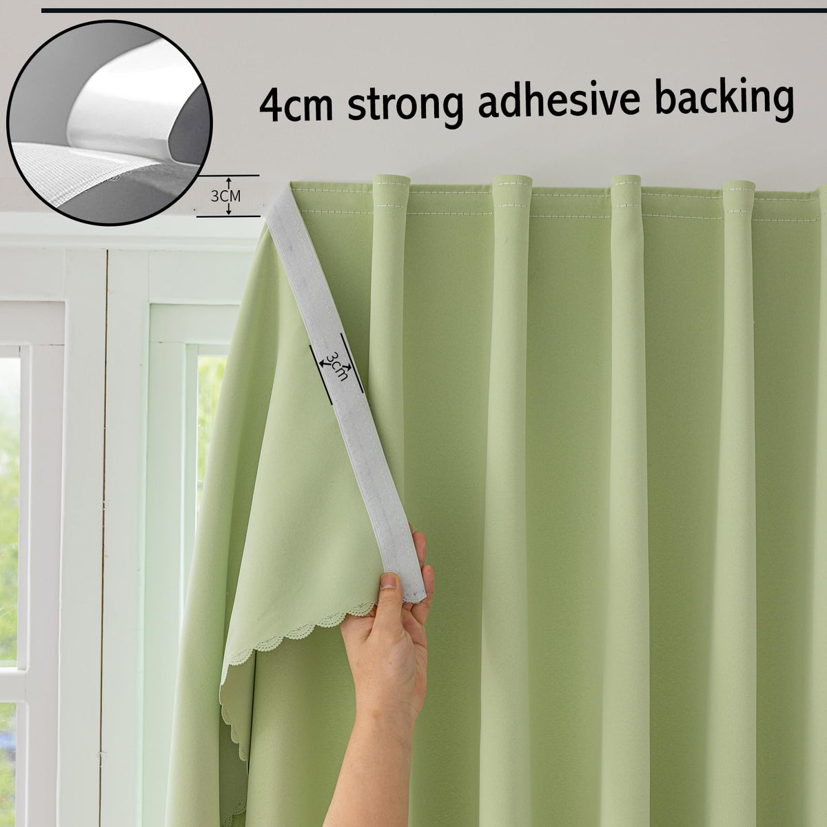 Magic Tape Stick on Curtains Blackout Curtains for Bedroom no Drillng Self Adhesive Curtain no Rod Small Window (Green / 47"W x 71"L (Pack of 2))