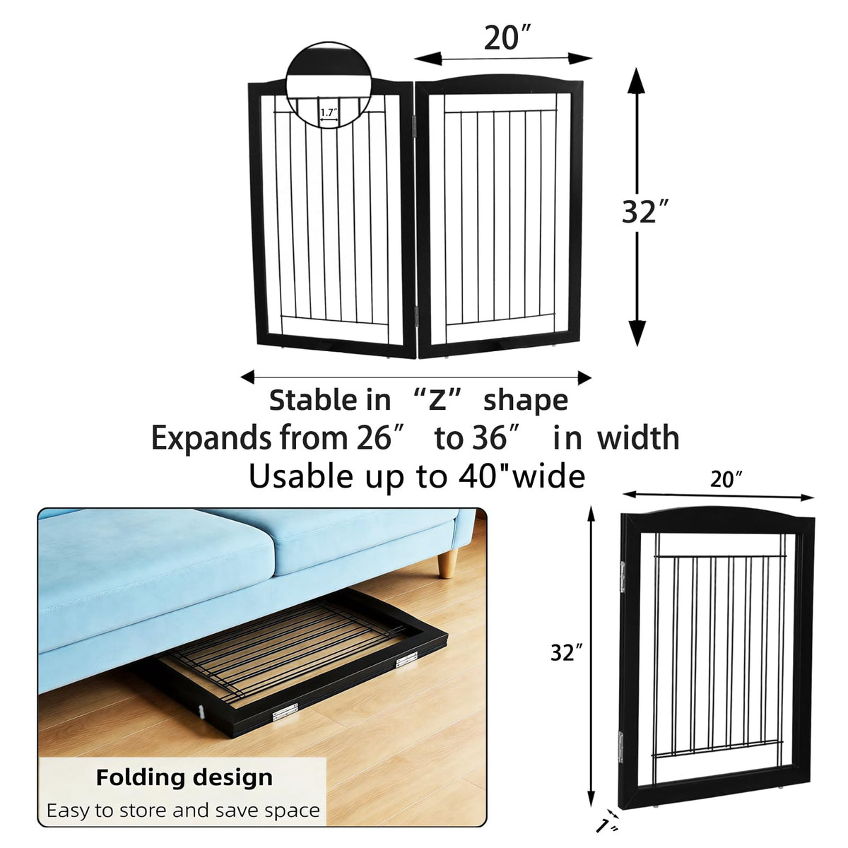 Freestanding Foldable Dog Gate for House Extra Wide Wooden Indoor Puppy Gate Stairs Doorways Pet Gate Tall Dog Fence 2 Panels Fence Black (Black / 【2 Panels】40''w x 32''h)