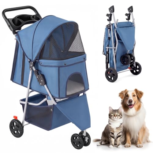 3 Wheel Pet Stroller for Dogs and Cats (Sea Blue / 29.1" x 17.7" x 39.4")