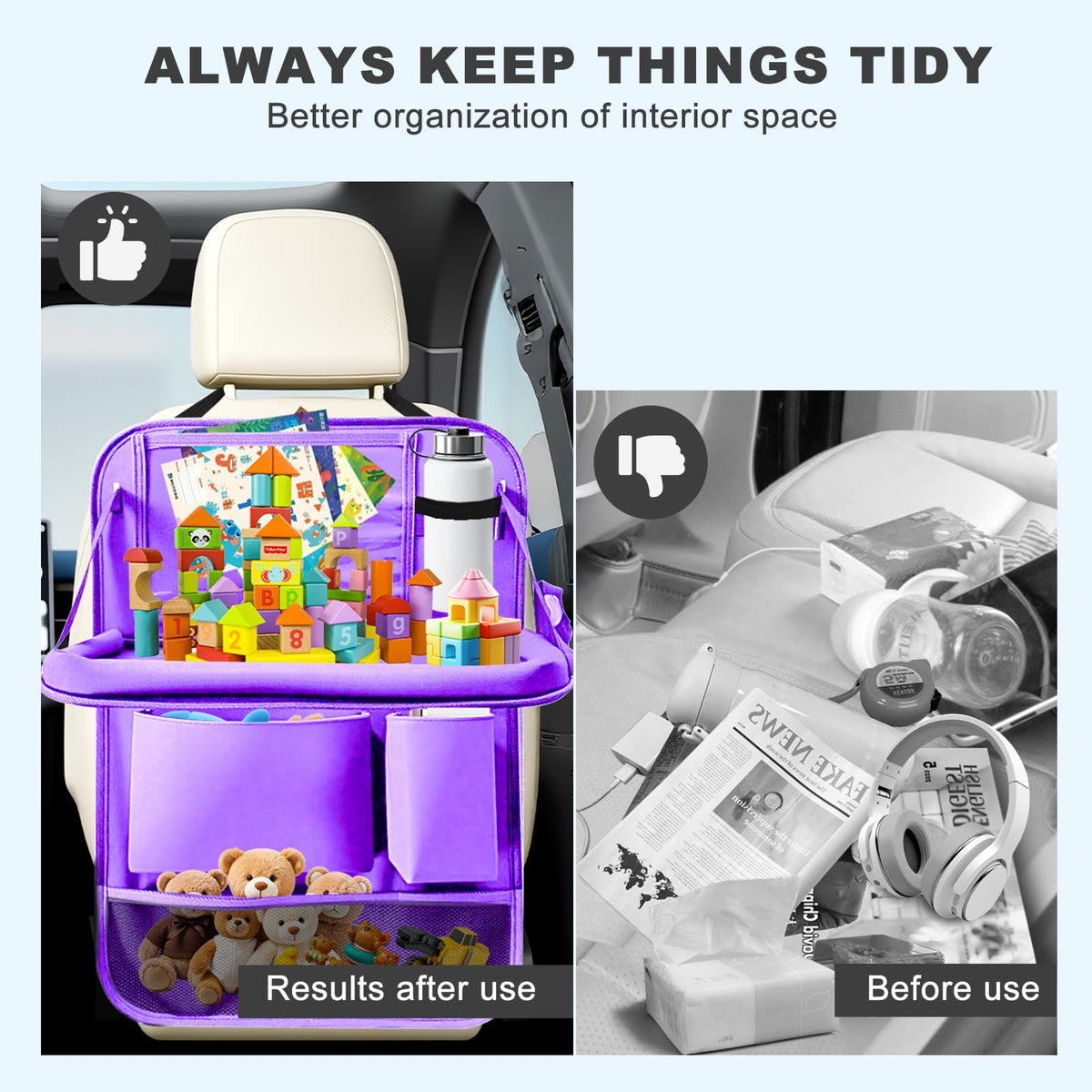 2 Pack Car Backseat Organizer with Foldable Table Tray Purple (Purple / 2 Pack with Food Tray)