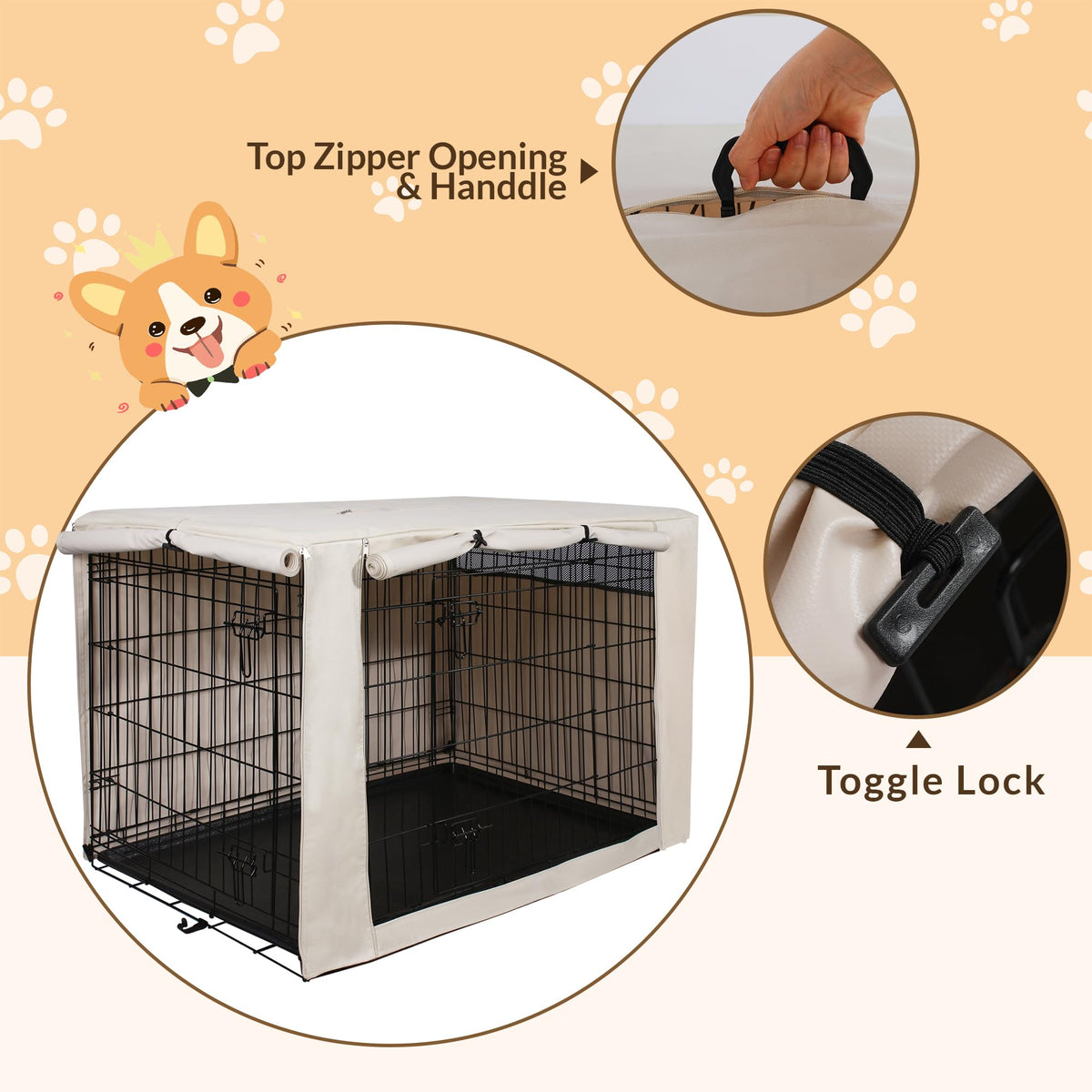 48 Inch Dog Crate Cover with Mesh (48.0"L x 30.0"W x 33.0"H / Beige)