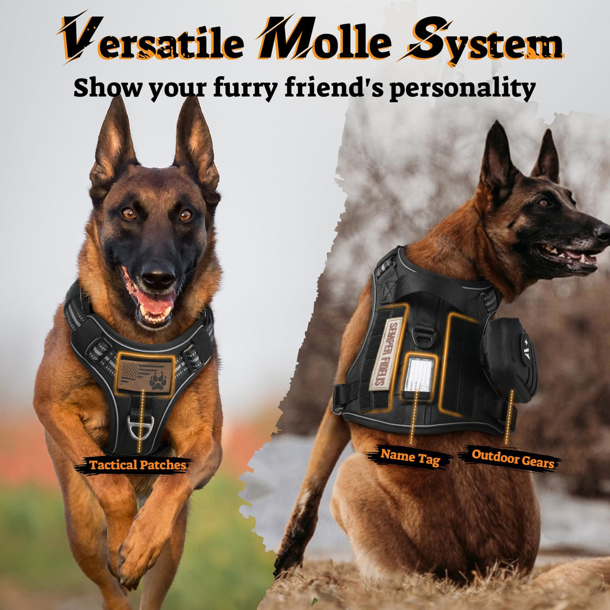 Tactical Dog Harness for Large Dogs (L(Chest:22"-37",Neck:21.1"-30.3",Back:8.3") / Black)