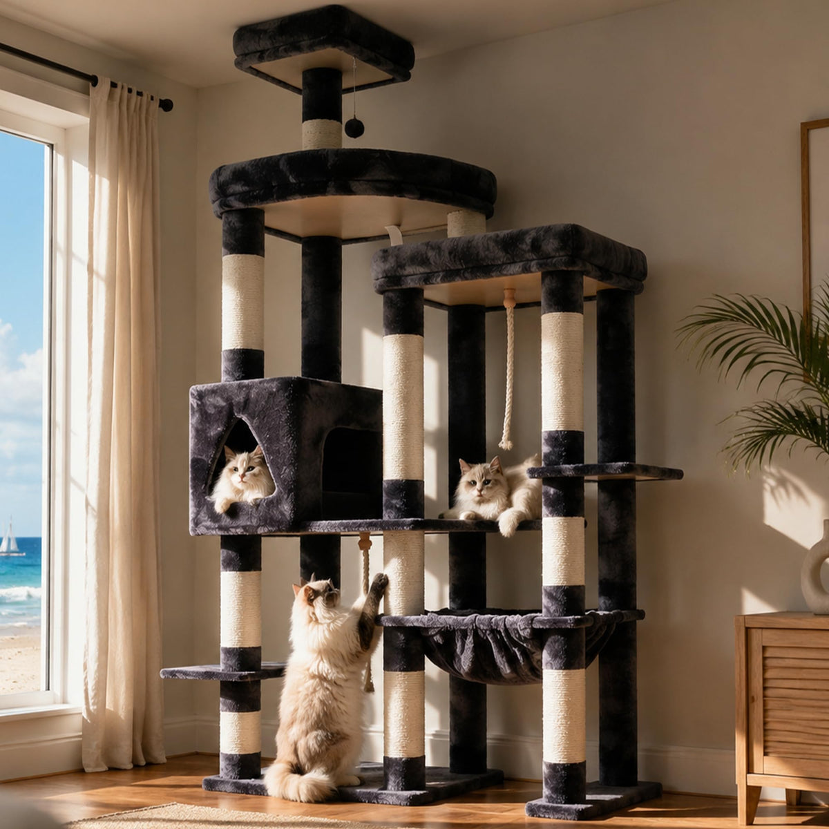 Cat Tree Tower with Stable Extended Base (Smoky Gray / 71.9 Inches)