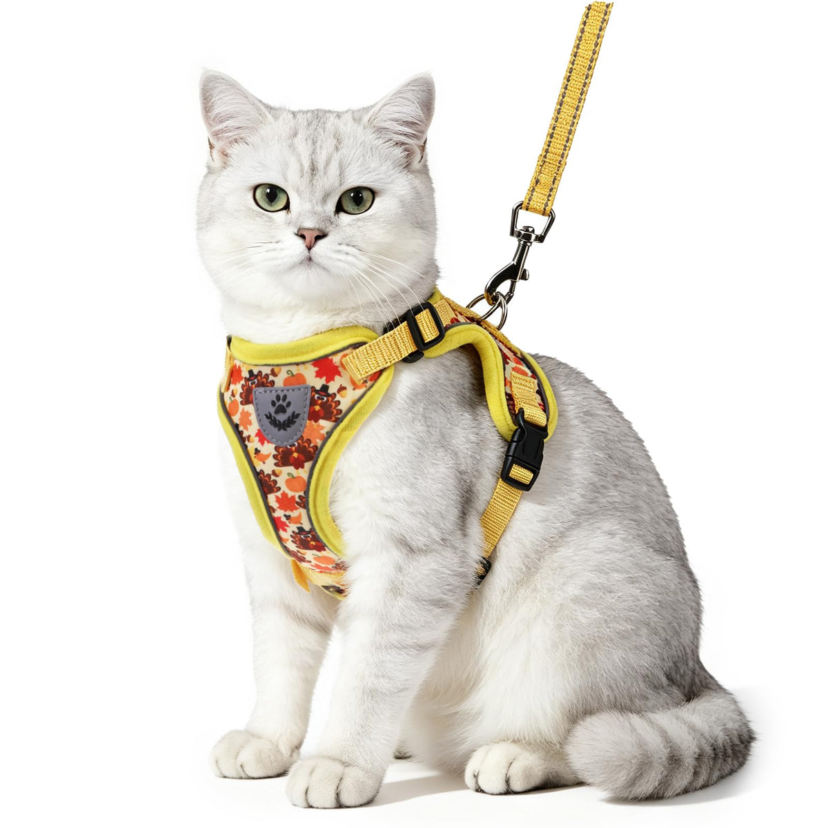 Cat Harness and Leash Set Escape Proof Reflective Cat Walking Harness Adjustable Soft Breathable Mesh Vest for Small Pets (S (NECK 9.5"-11", CHEST 13"-16") / Yellow(Thanksgiving))