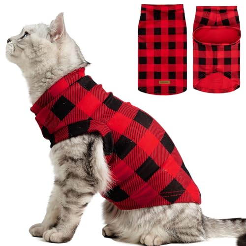 Cat Sweater Warm Fleece Pet Clothes for Cats Only (Red & Black / Medium)