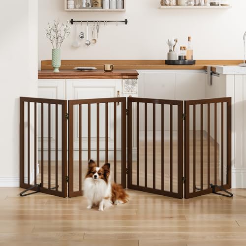 Wooden Dog Gate Freestanding Foldable 4 Panel Pet Gates Extra Wide Dog Gates for Indoor Doorways Stairs 24in Height Support Feet Included (Dark Brown / 4 Panel - 74 inches Wide)
