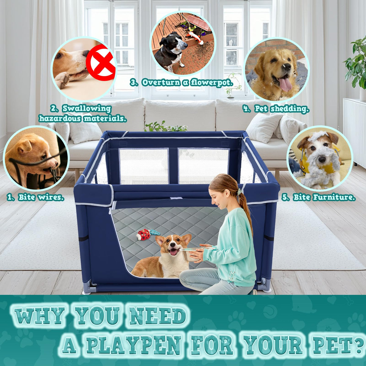 42x42 Inches Puppy Playpen with Dog Pads (Blue / 42x42 IN With Pad)