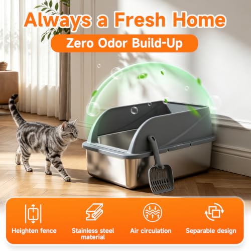 Stainless Steel High Sided Cat Litter Box with Scoop M (DeepGrey M)