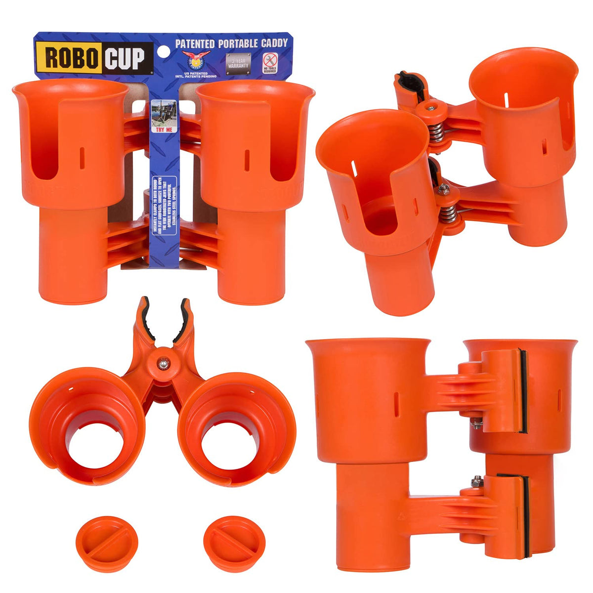 Orange), Patented Clamp On Boat Cup Holder |Multifunction Dual Drink Caddy for Fishing Poles, Tools, Net, Gaff |Portable Storage for Boating, Beach, Umbrellas, Golf Carts, Strollers (Orange / Standard Spring)