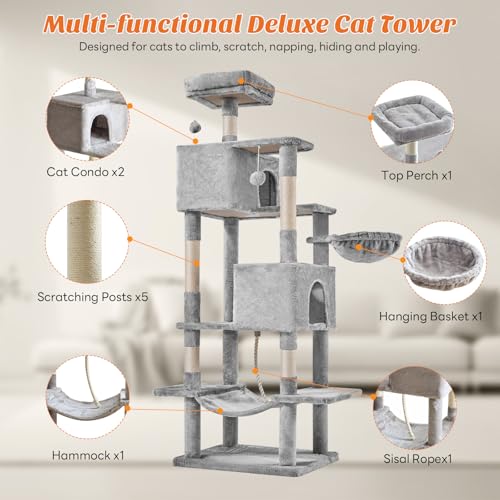 Large 66 Inch Cat Tree Tower with Sisal Scratching Post (Light Grey / 66 Inches)
