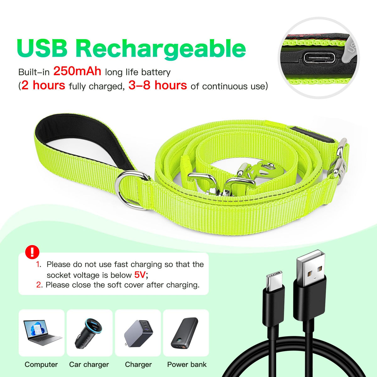 LED Light Up Dog Leash (Green / 6Ft(Three-section))