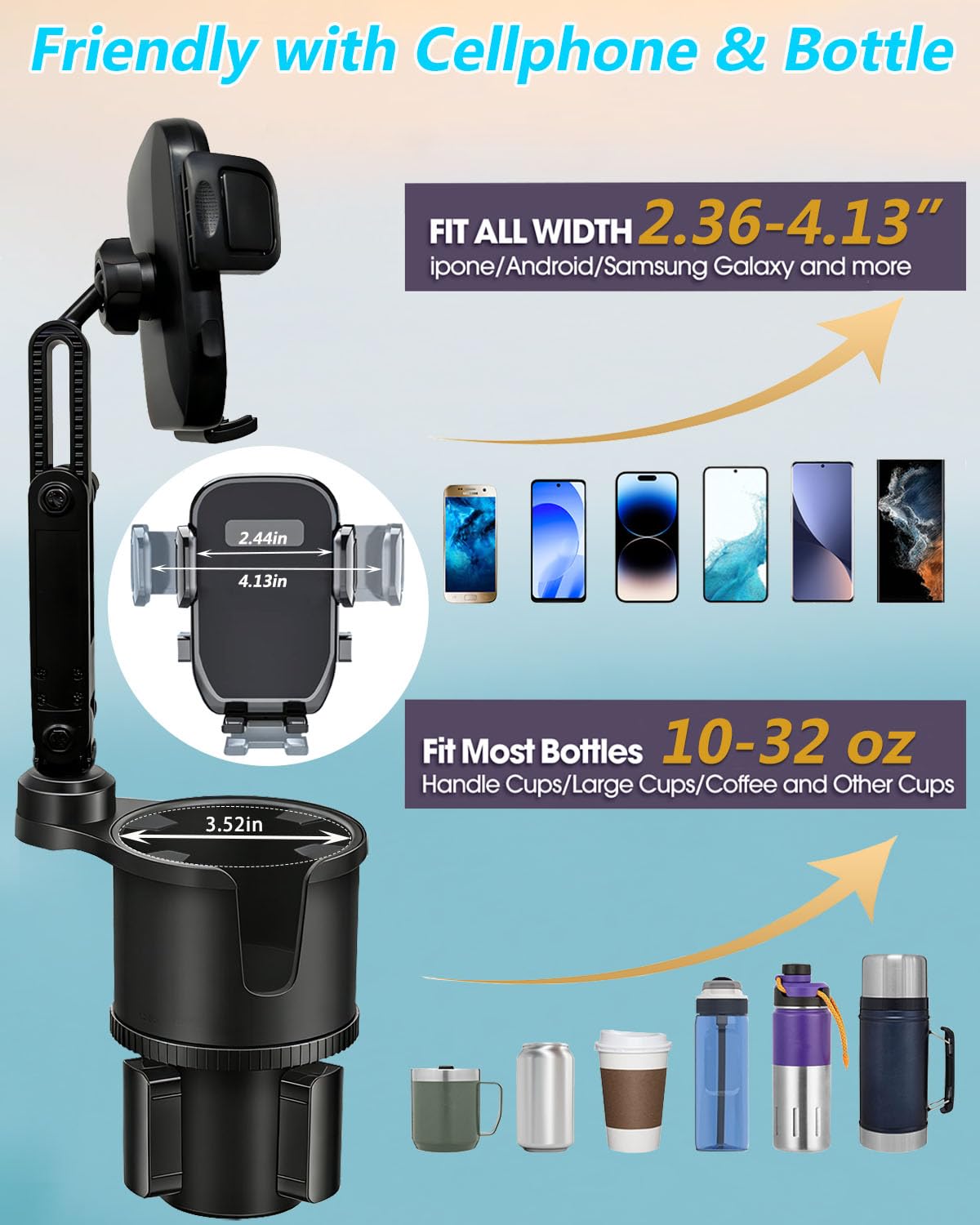 Cup Phone Holder for Car with Expandable Base (Gray)