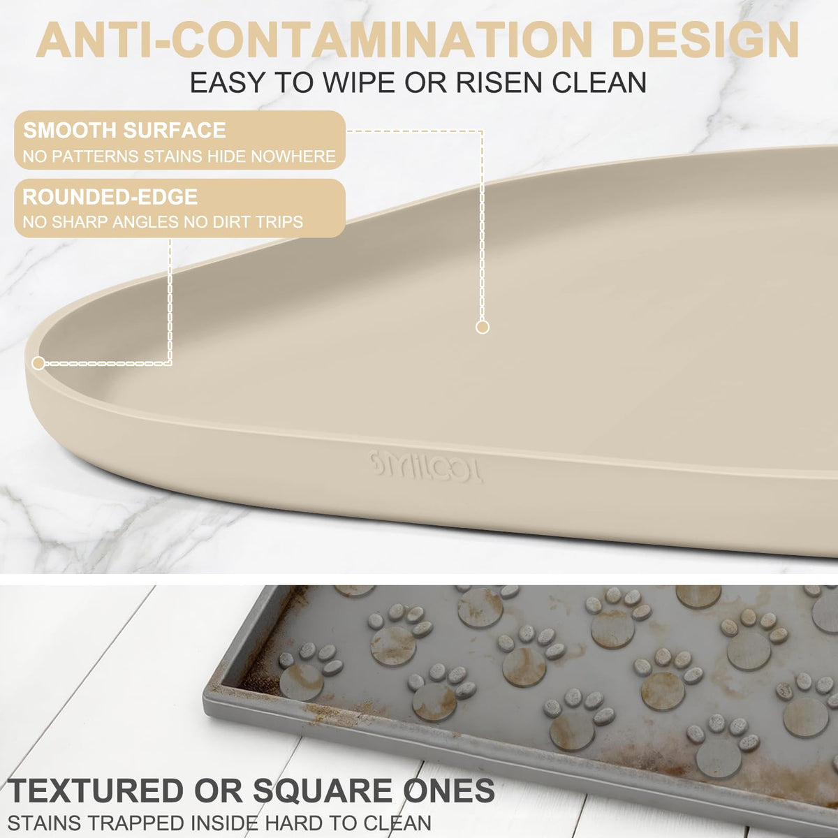 Waterproof Silicone Pet Food Mat with Raised Edge for Dog & Cat (12"L x 12"W / Beige)