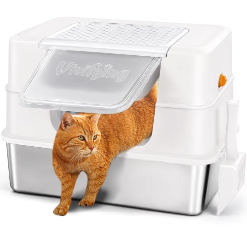 XL Enclosed Stainless Steel Cat Litter Box with Lid (White)