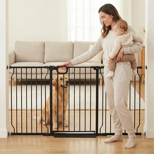 66.9 71.6 Inch Extra Wide Baby Gate with Door for Stairs Doorways (Black / 66.9-71.6inch)