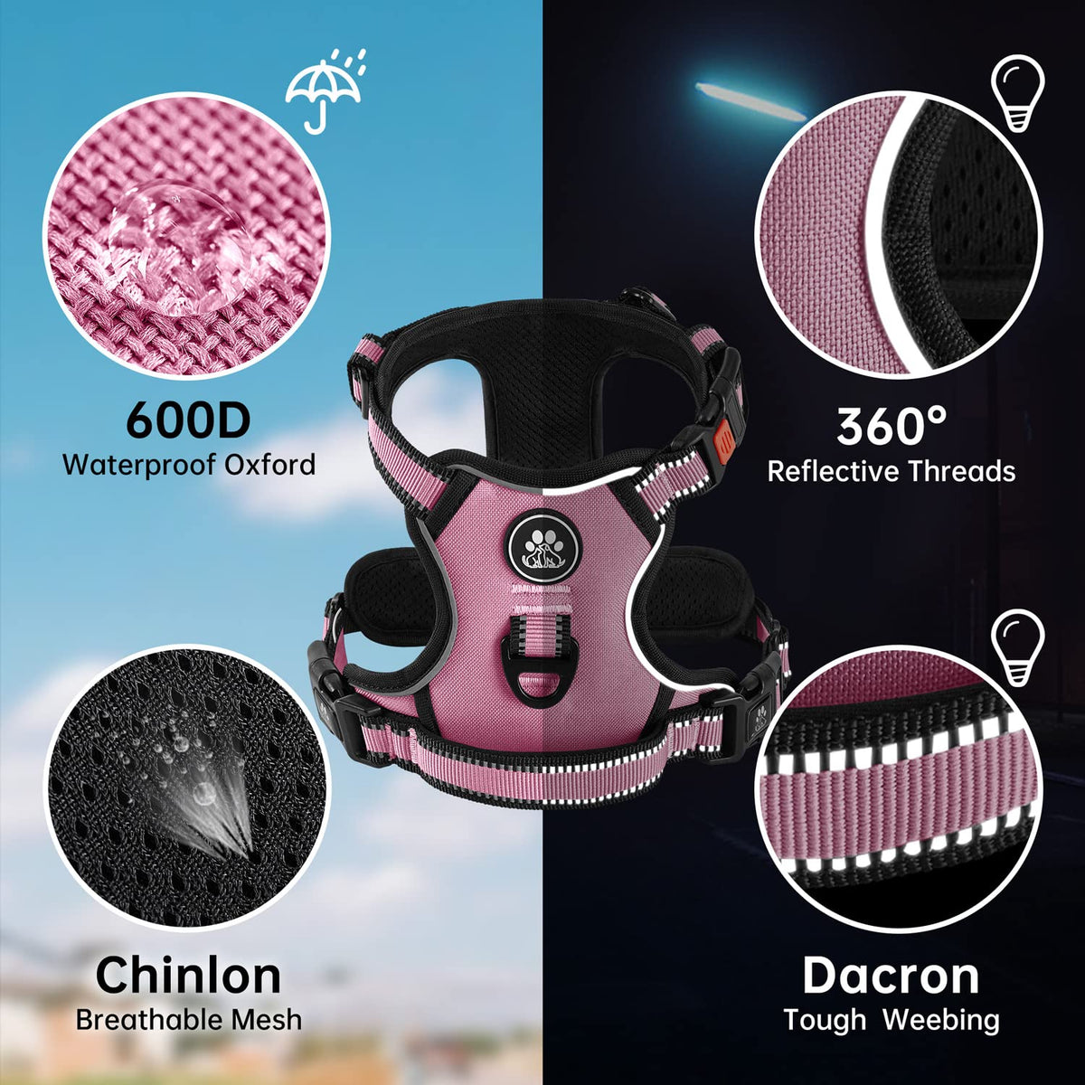 Reflective Dog Harness for Large Dogs (Pink / Large)