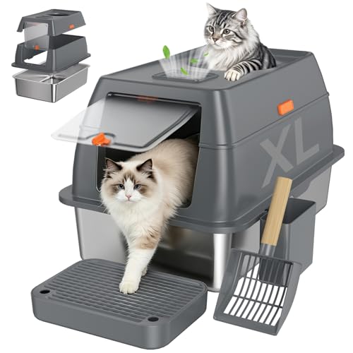 XL Enclosed Stainless Steel Litter Box with Lid (Dark Gray)