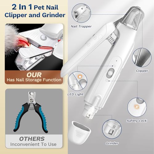 2-in-1 Dog Nail Clippers ＆ Grinder: Rechargeable Pet Trimmer with LED Light (White)