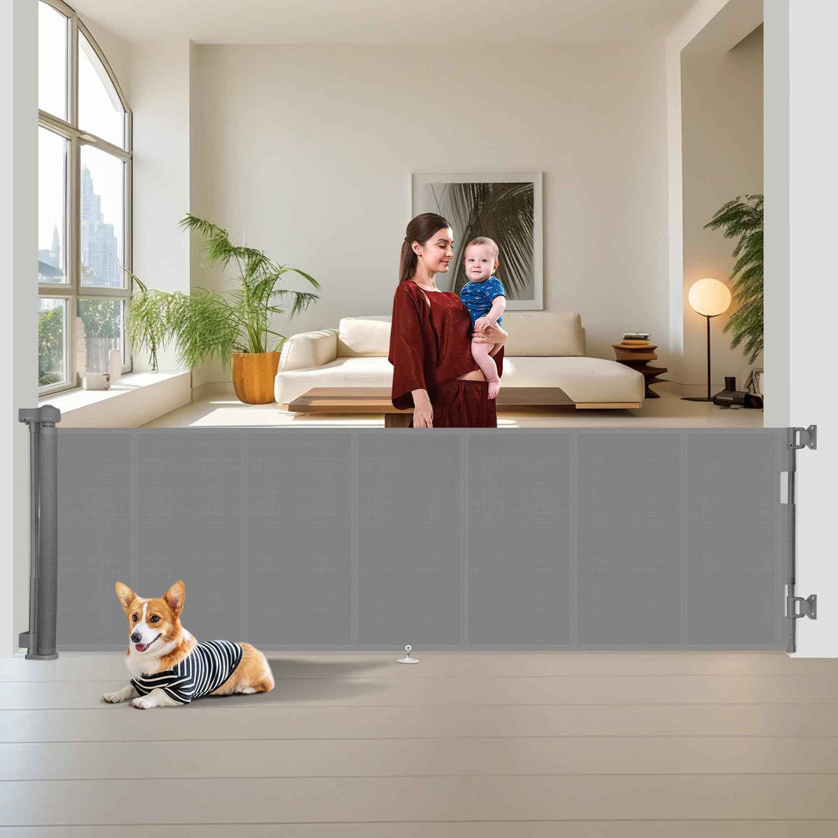 150 inch Reinforced Retractable Baby Gates 34 inch Tall (Gray / 34" Tall x 150" Wide)