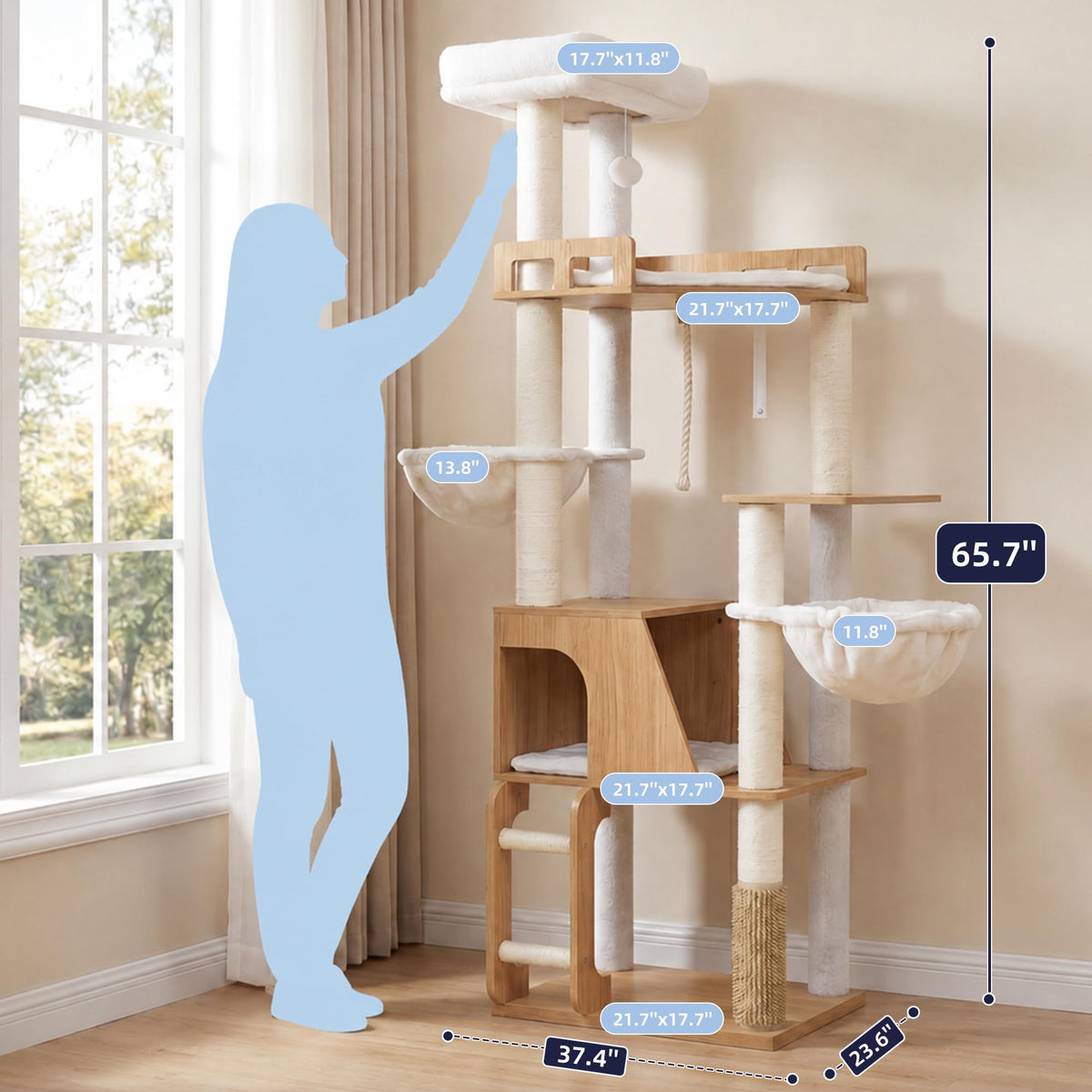 Wooden Cat Tree Tower with Large Condos (White Oak)