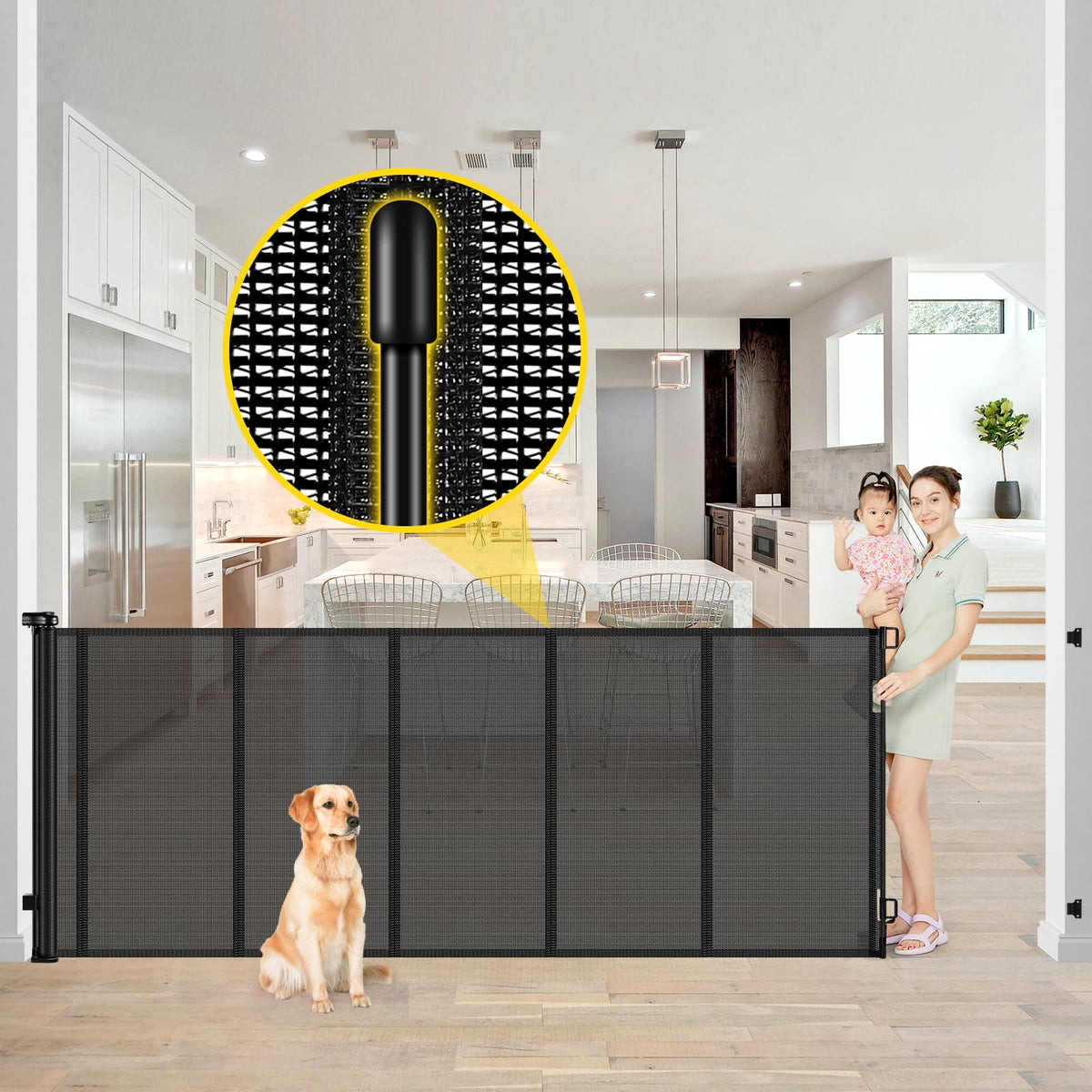 Reinforced 42" Extra Tall x 80" Wide Retractable Baby Gates with Rods (Black / Reinforced 42" Tall X 80" Wide)