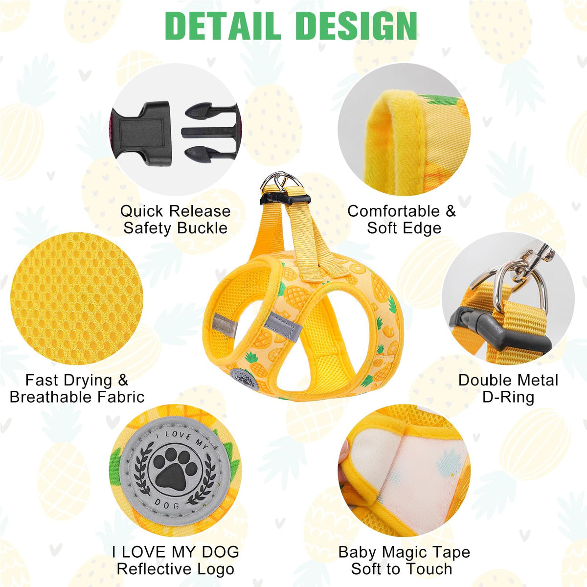 Small Dog Harness and Leash Set (Small(Chest Girth 14.5" - 16") / Pineapple)