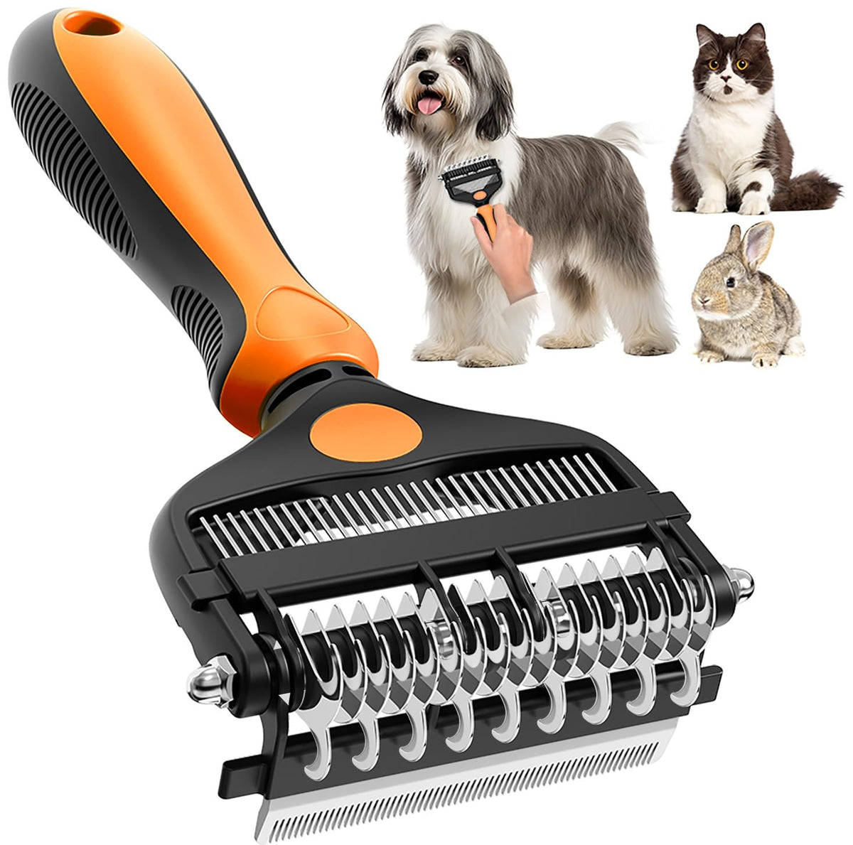 3-in-1 Professional Pet Grooming Brush for Dogs & Cats – Dematting Comb, Undercoat Rake & Deshedding Tool for Long & Short Hair, Heavy Shedding & Matted Fur (Organge) (Organge)