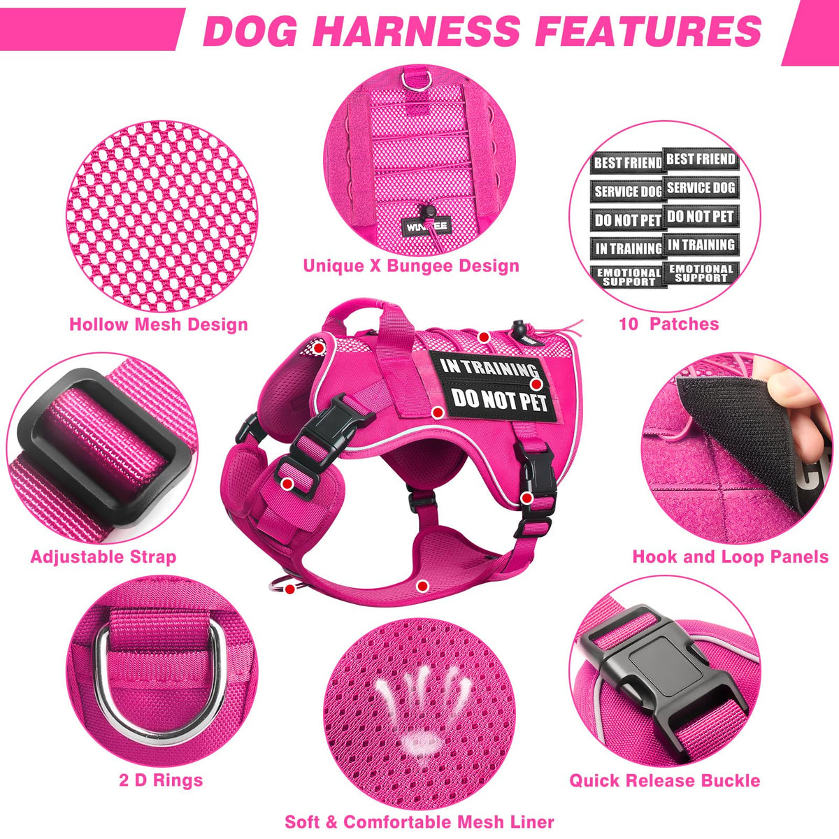 Service Dog in Training Mesh Harness with 10 Removale Pet Patches (X-Large / Pink)