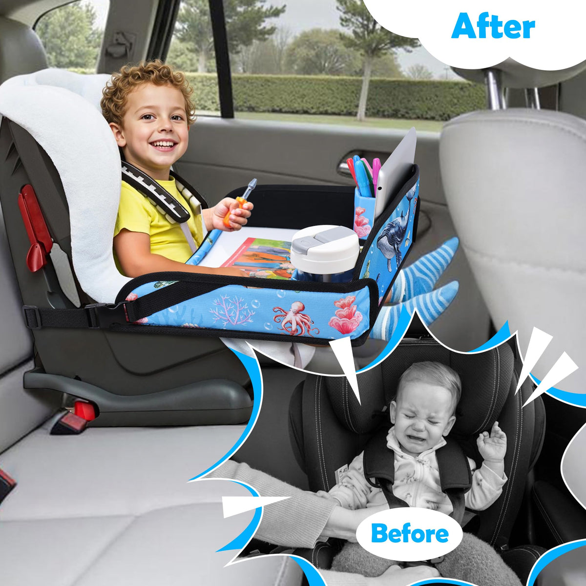 Toddler Car Seat Travel Tray FOR Road Trip Activities (Whale)