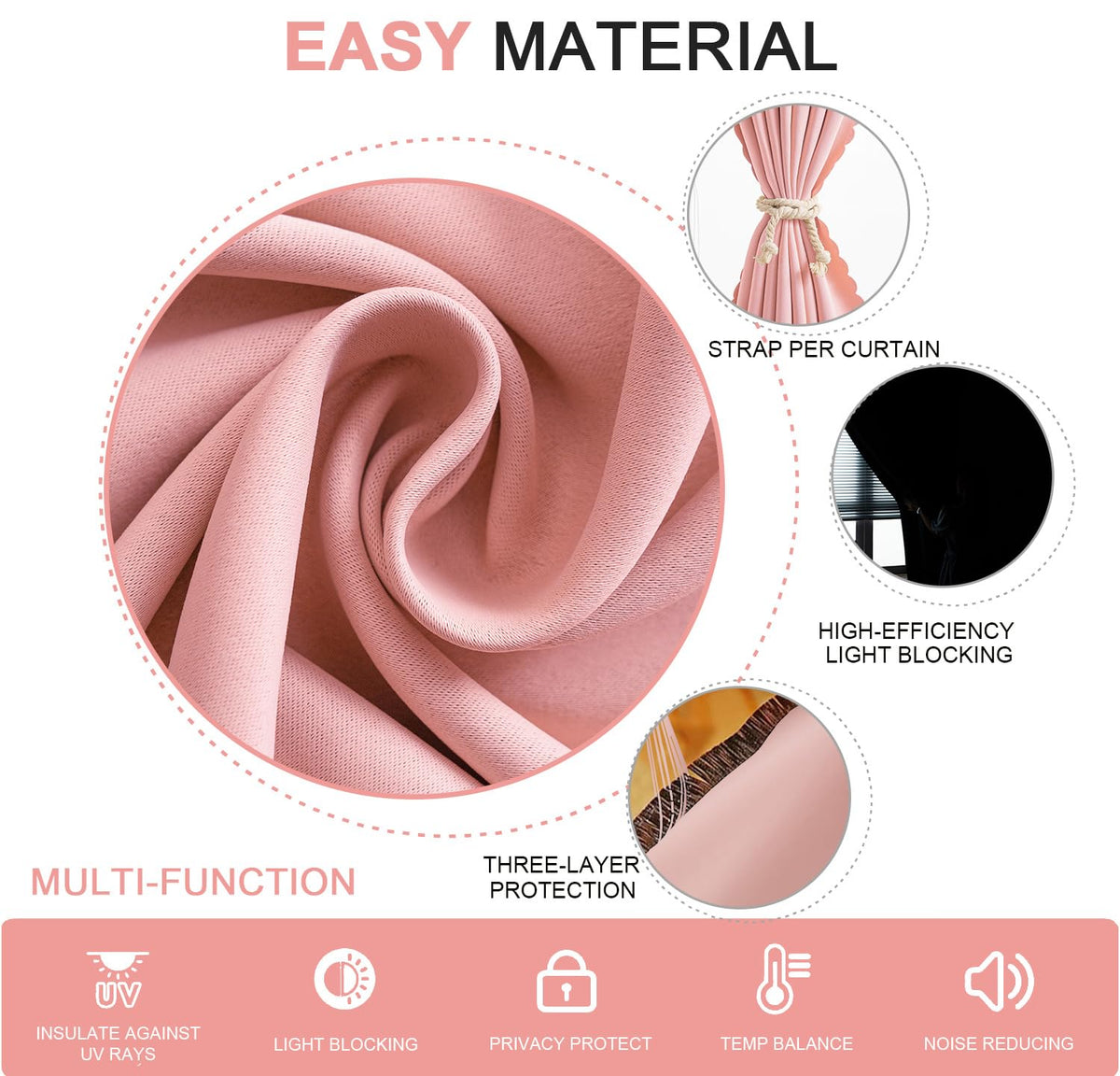 Magic Tape Blackout Curtains (47"W x 84"L (Pack of 1) / Pink)