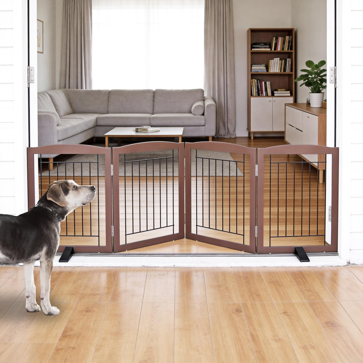 Freestanding Dog Fence Indoor (Brown / 【4 Panels】80''w x 24''h)