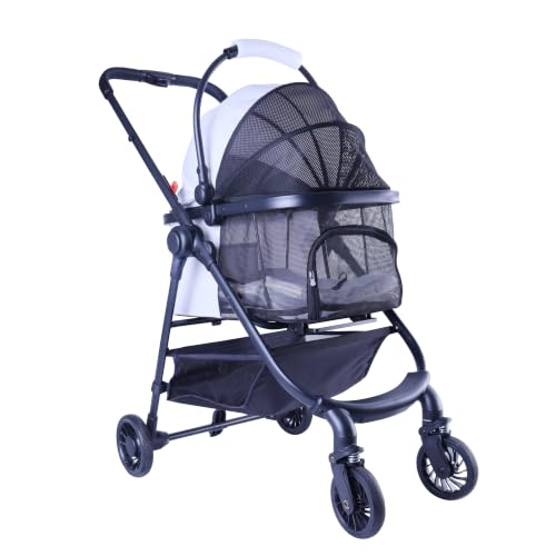 Front Full Window pet Stroller with Detachable Carrier (with Detachable Basket / White+Black)