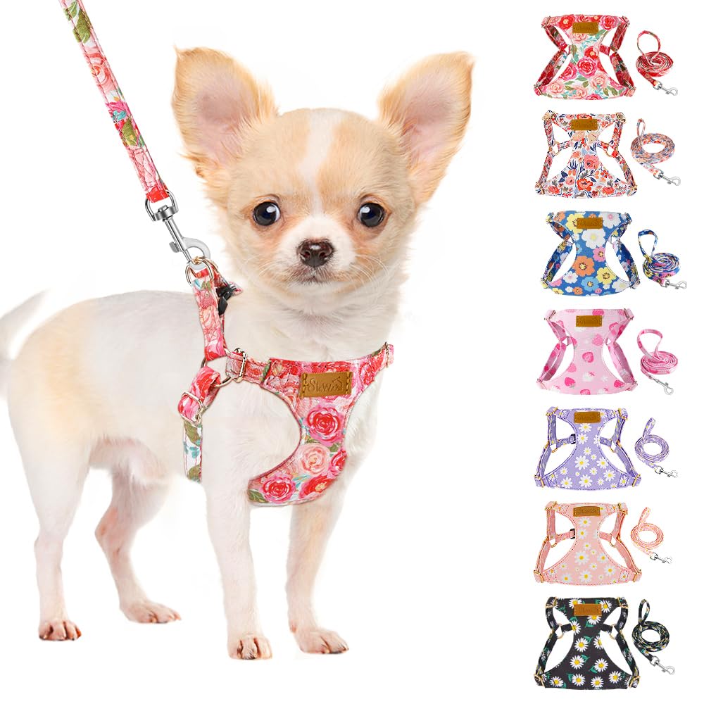 No Pull Dog Harness with Leash for Small Medium Dogs (X-Small(6-11lb) / Pink Rose)