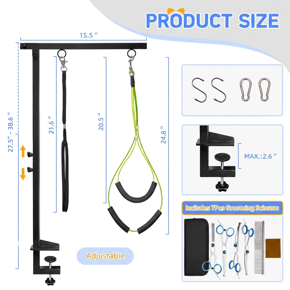 Foldable Dog Grooming Arm for Table with Hammock Pet Grooming Scissors set (M Hammock & Scissors / Blue)