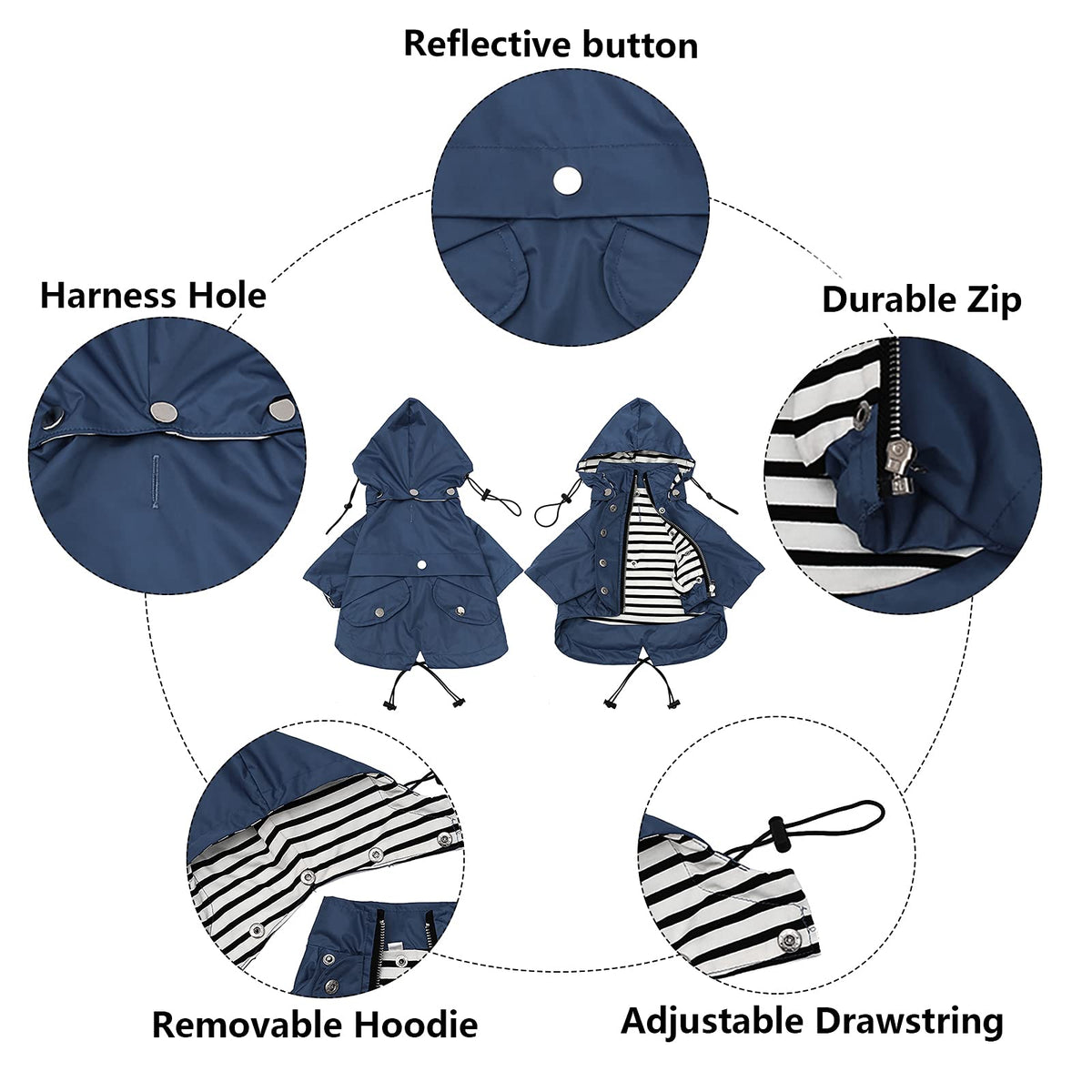 Dog Zip Up Raincoat with Reflective Buttons (Small / Dark Blue)