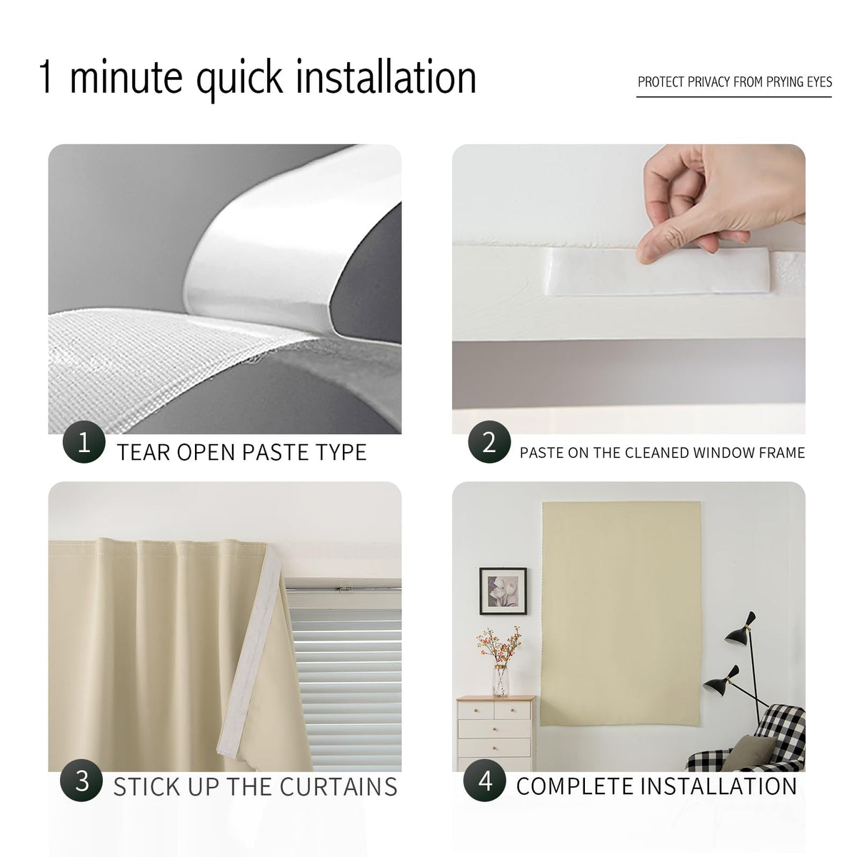 Self Adhesive Portable Blackout Curtains for Bedroom Easy to Install Window Thermal Lnsulated Kitchen Room Darkening Small Window Curtains (47"W x 84"L (Pack of 1) / Beige)