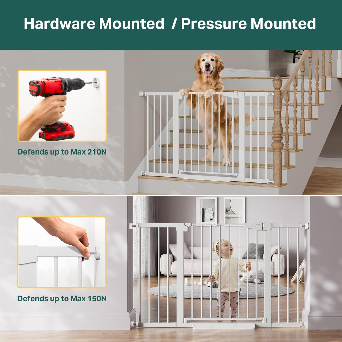 29.7 51.5 in Extra Wide Baby Gate for Stairs (White / 29.7-51.5"W x 30.5"H)