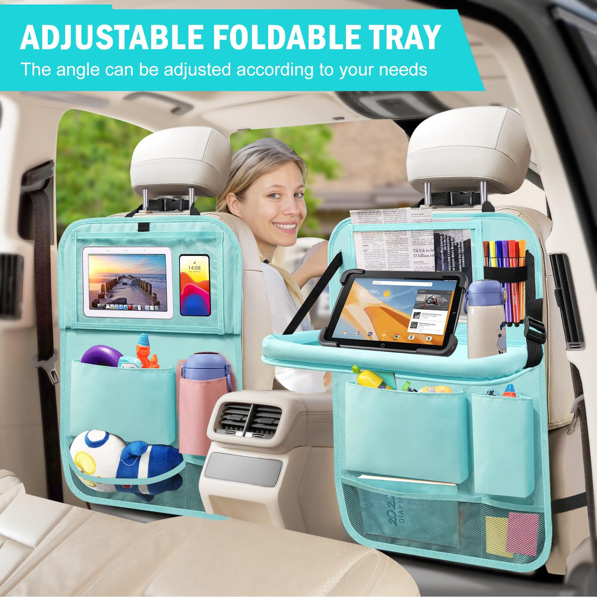 2 Pack Car Backseat Organizer with Foldable Table Tray Blue (Blue / 2 Pack with Food Tray)