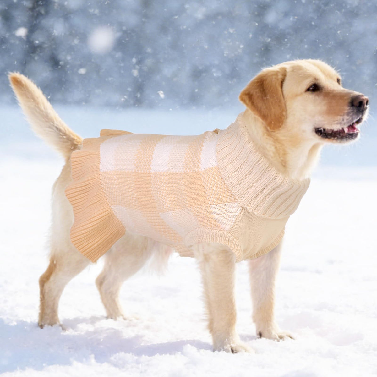 Dog Sweater Dress Plaid Knitwear for Large Dogs Girl Christmas Clothes (Beige / XXX-Large)